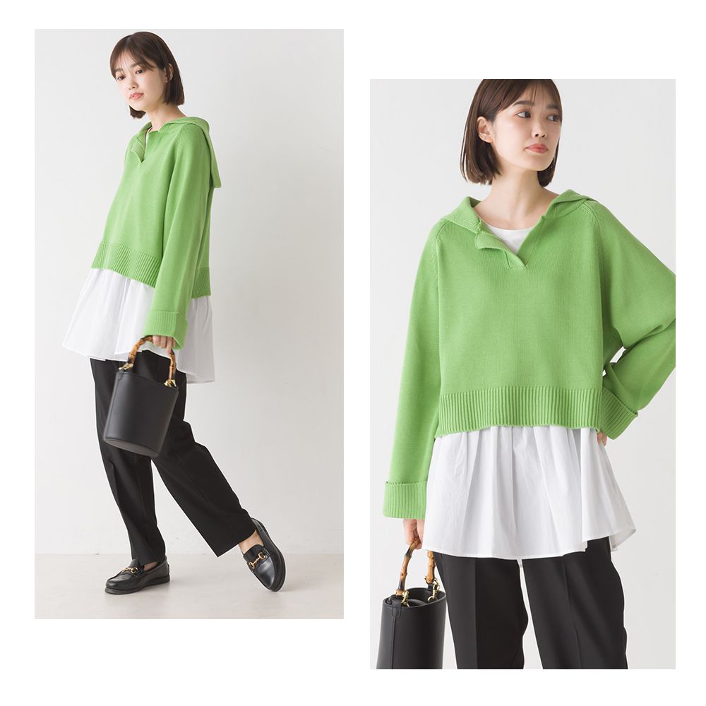 日本 OMNES - 質感水手翻領短版針織上衣-青草綠-2310