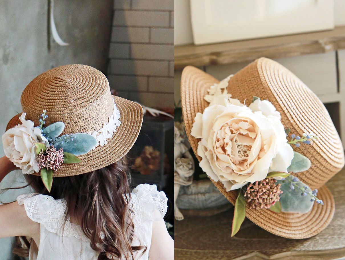 韓國 PuellaFLO - 華麗花朵鏤空花圈草帽-米白色花