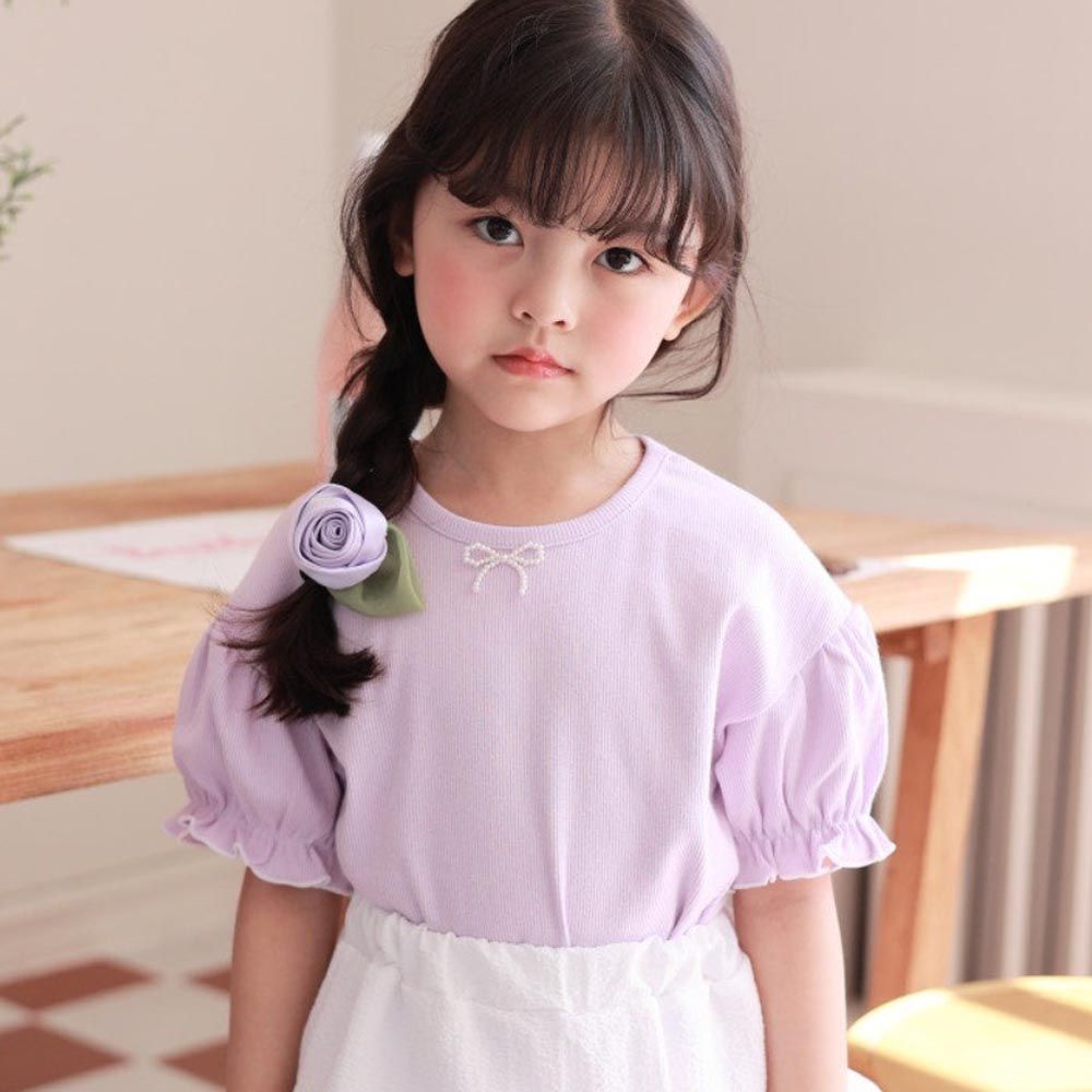 韓國 Dalla - 珍珠蝴蝶結點綴泡泡袖上衣-紫