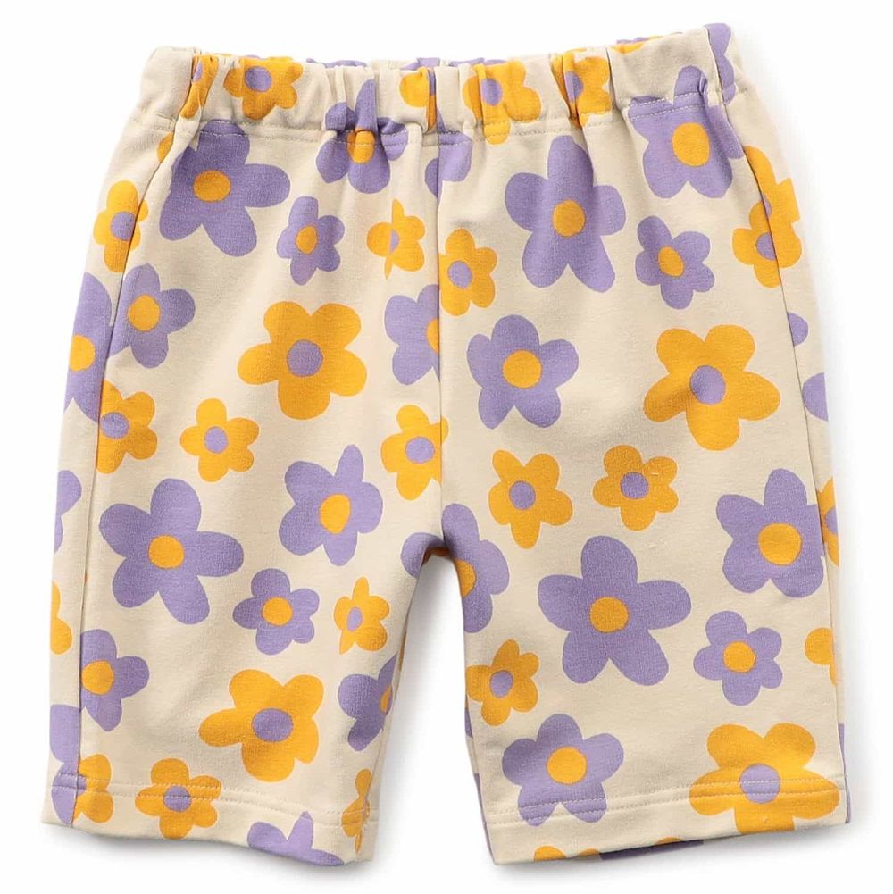 DAISUKI 可愛印花短褲-黃x紫花-薰衣草