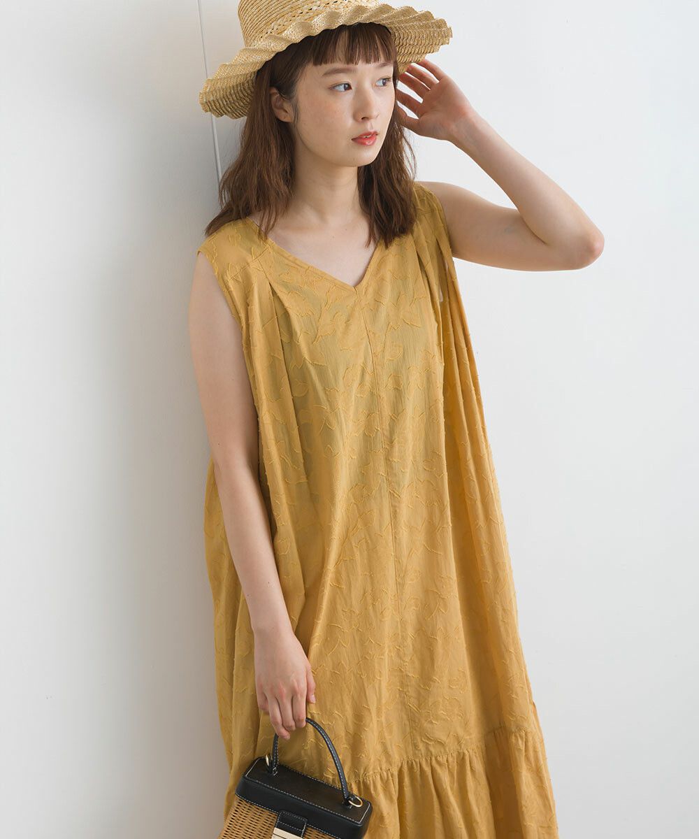 日本女裝代購 - 純棉緹花柔軟無袖洋裝-芥末黃