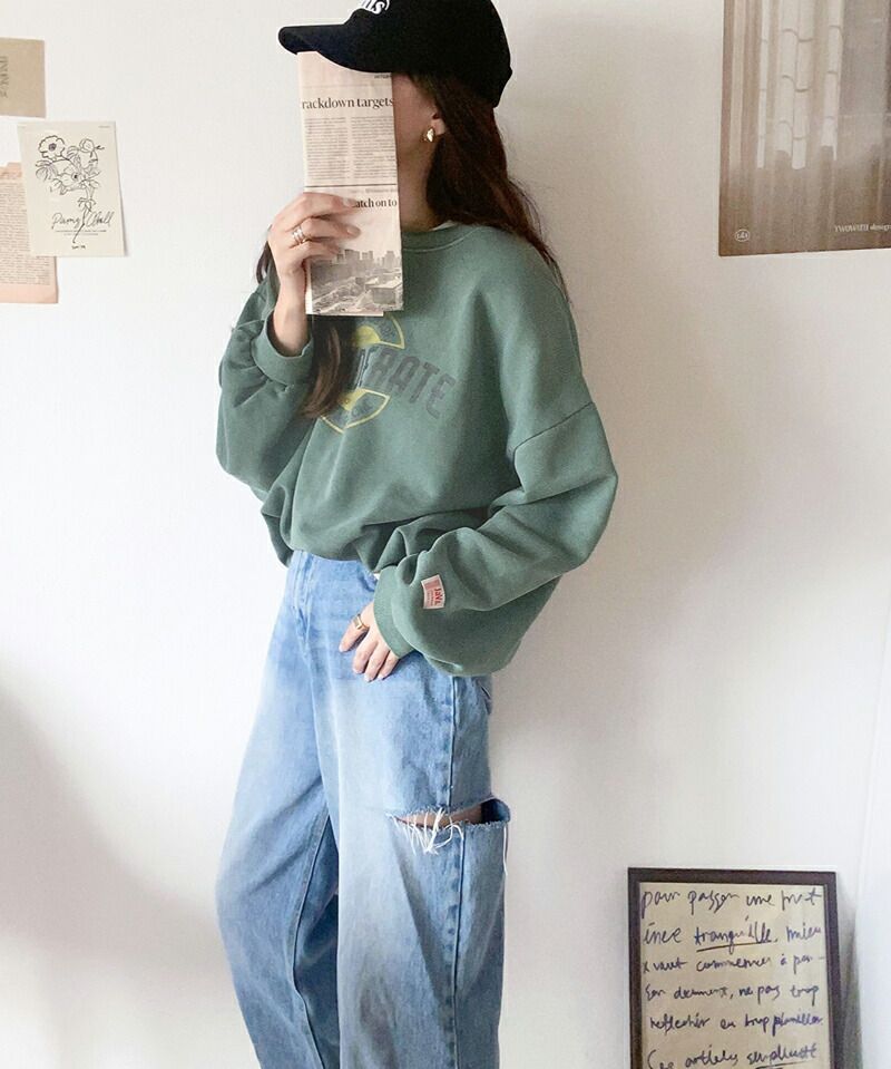 日本 Classical Elf - 水洗復古感印花寬鬆大學T-灰藍