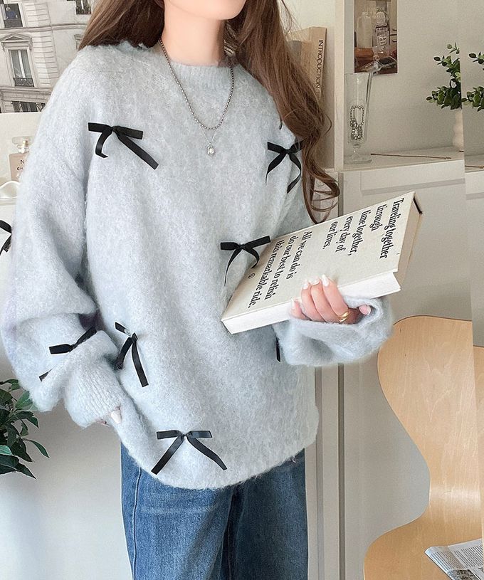 日本 Classical Elf - 甜美滿點 毛海蝴蝶結浪漫毛衣-深灰