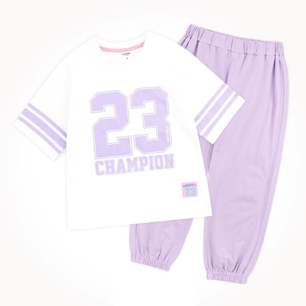 數字23圖案休閒短袖長褲套裝-薰衣草紫