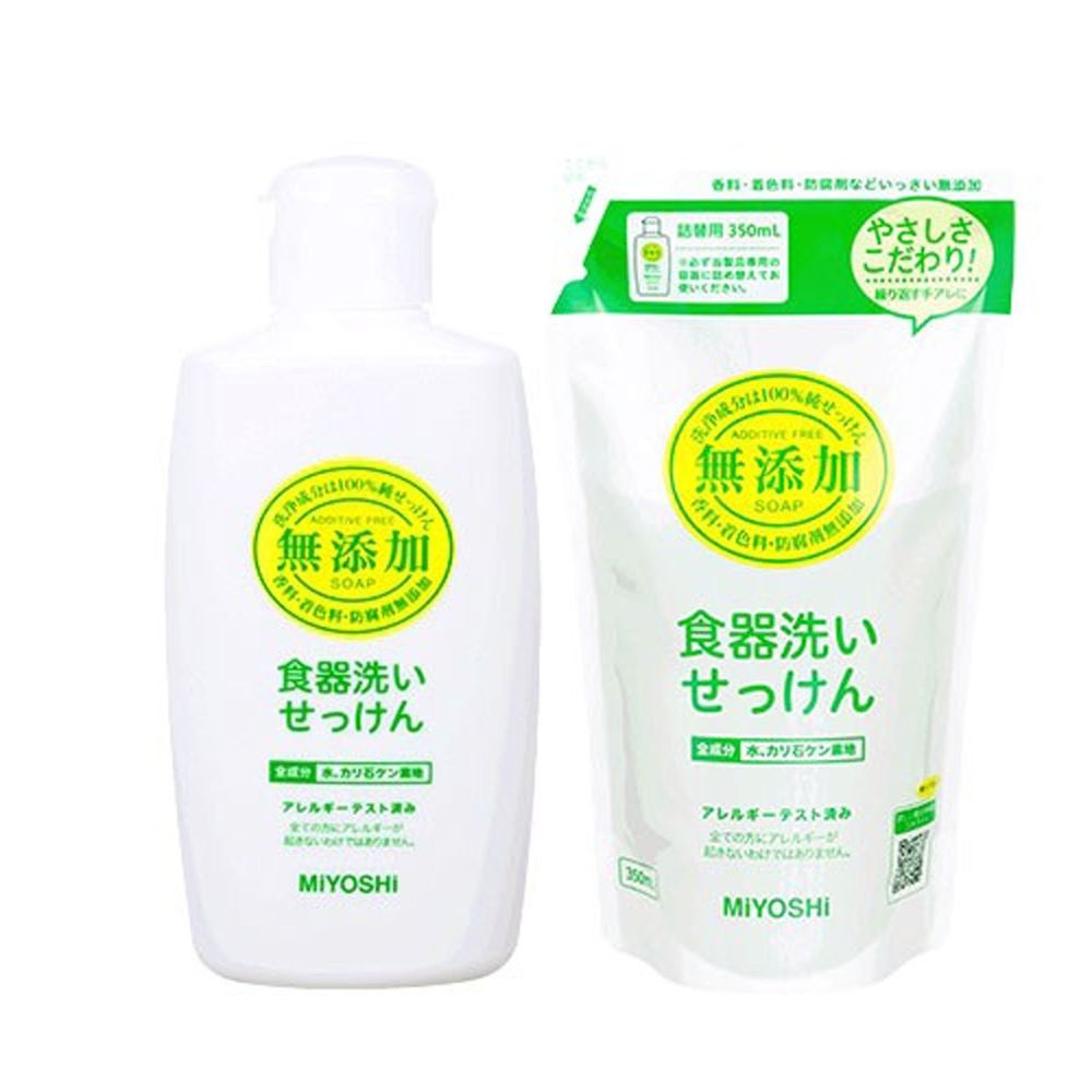 日本 MIYOSHI 無添加 - 餐具清潔液-1瓶+1充包組-370ml+350ml*1