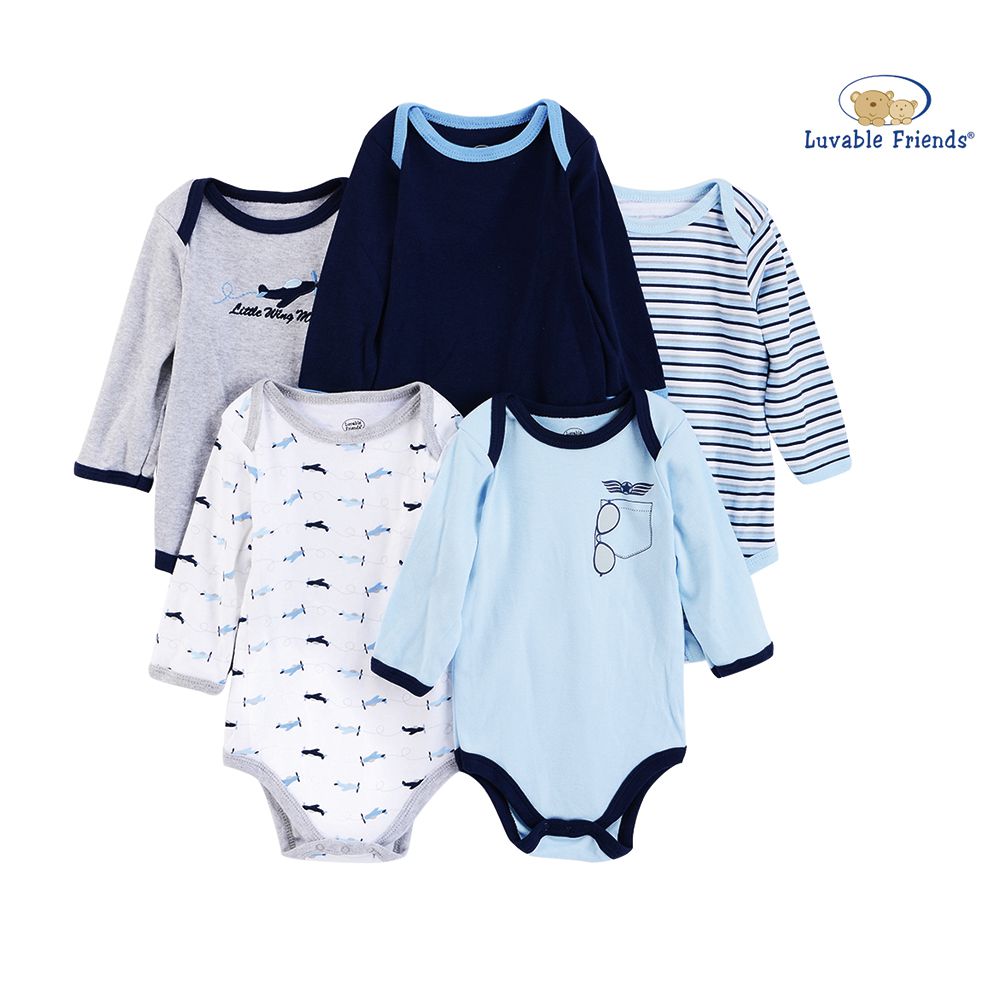 美國 Luvable Friends - 甜蜜寶貝嬰幼兒100%純棉長袖包屁衣5件組-翱翔天空