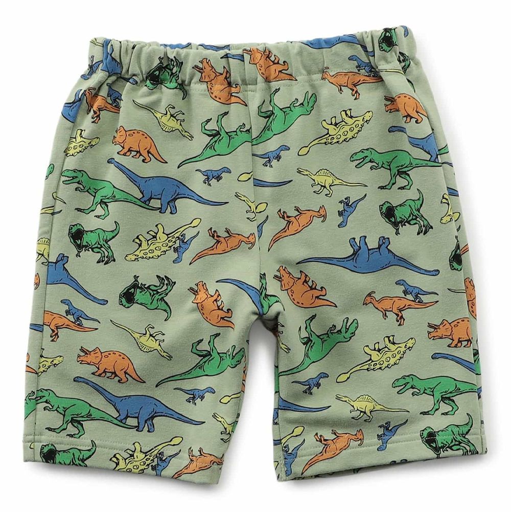 DAISUKI 可愛印花短褲-滿版恐龍-軍綠