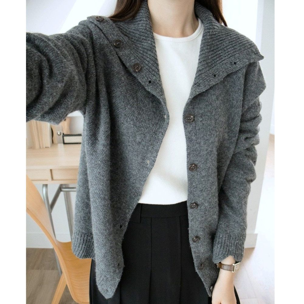 細緻喀什米爾羊毛排釦翻領針織外套-灰 (FREE)