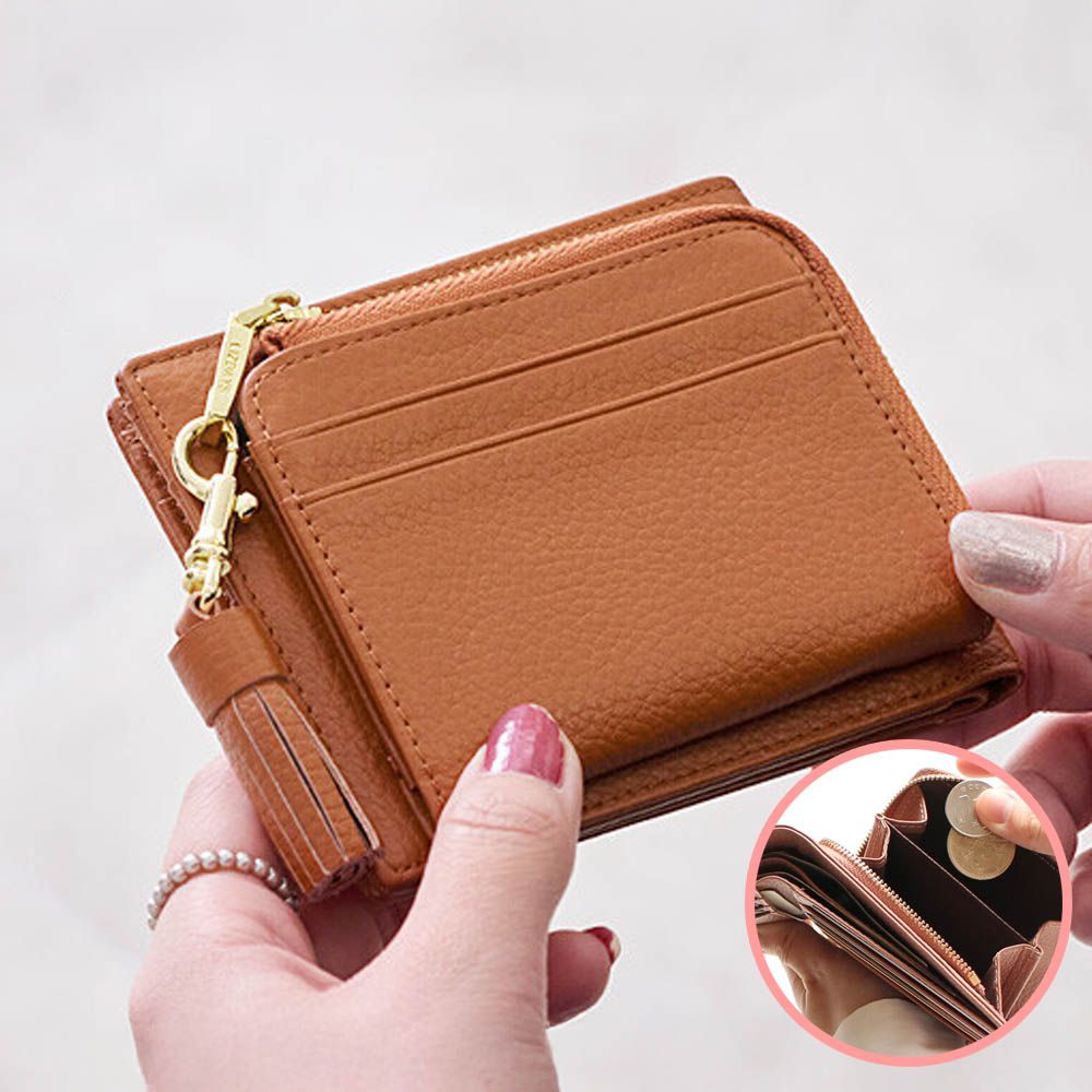 真皮輕薄多功能收納釦式短夾-橘棕 (11.5x9.5cm)