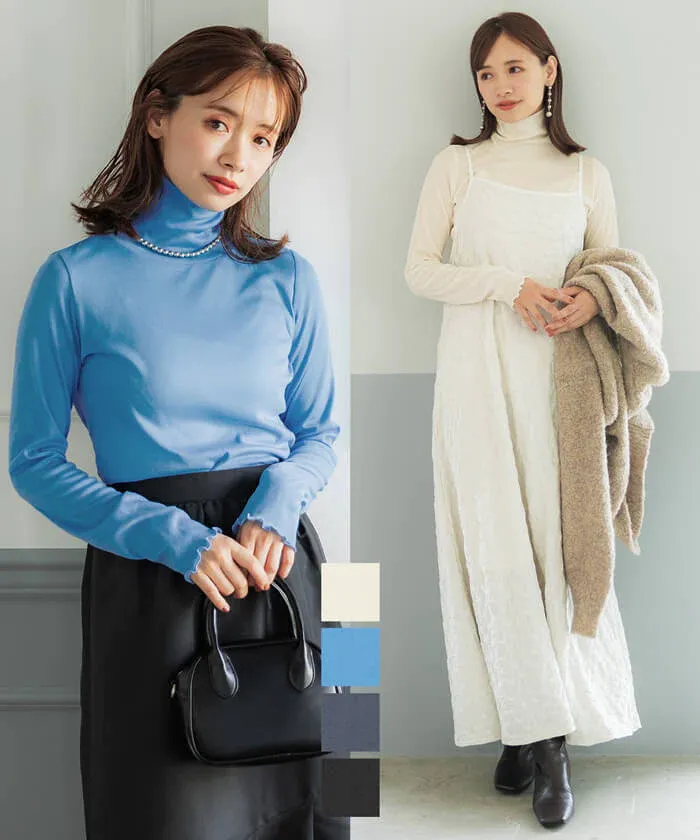 日本 COCA - 高領微透感長袖內搭/上衣-深藍