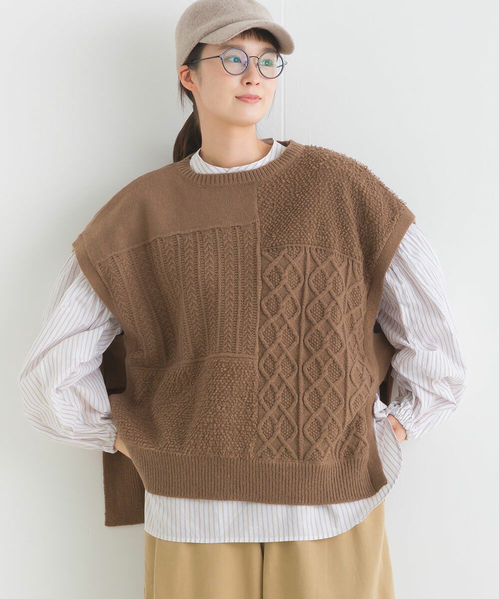 日本女裝代購 - 圓領編織紋拼接針織背心-咖啡