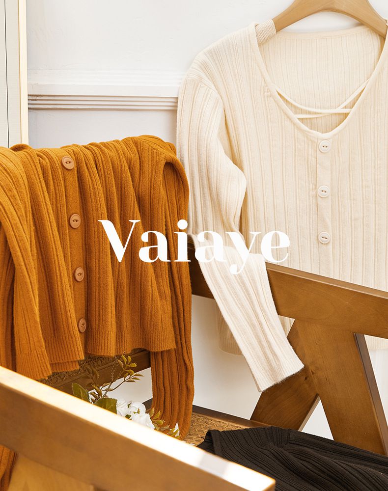 V領綁帶坑條長袖針織上衣-咖啡色