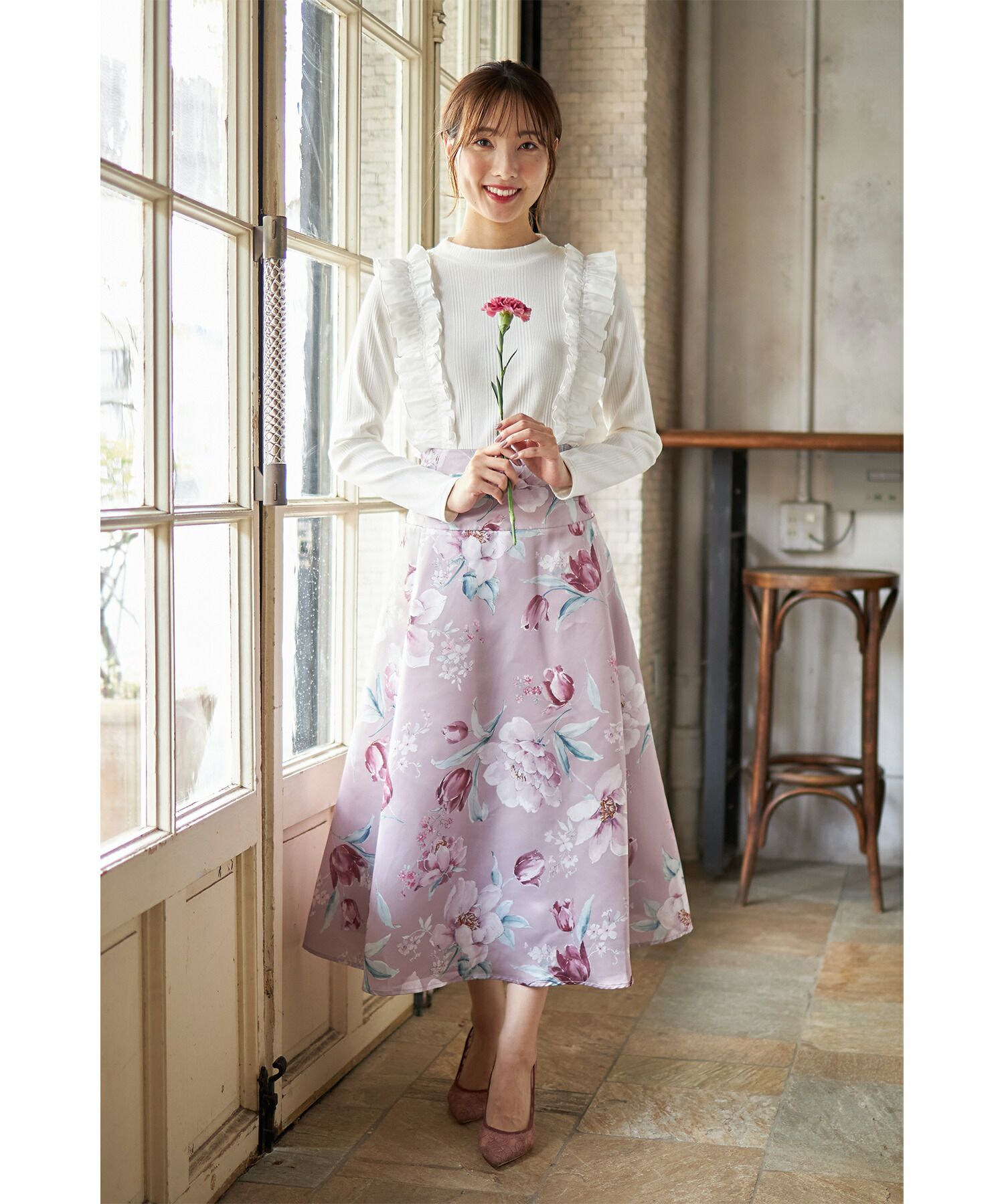 日本 tocco-closet - 奢華荷葉邊羅紋針織上衣-星塵粉