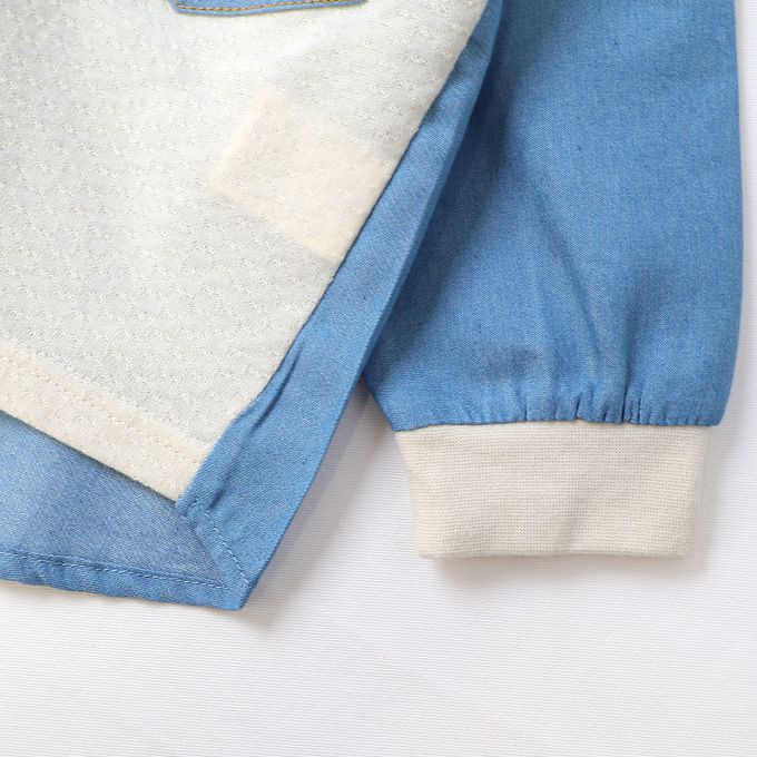 日本 ZOOLAND - 丹寧風小熊長袖上衣-帥氣刷破口袋-白