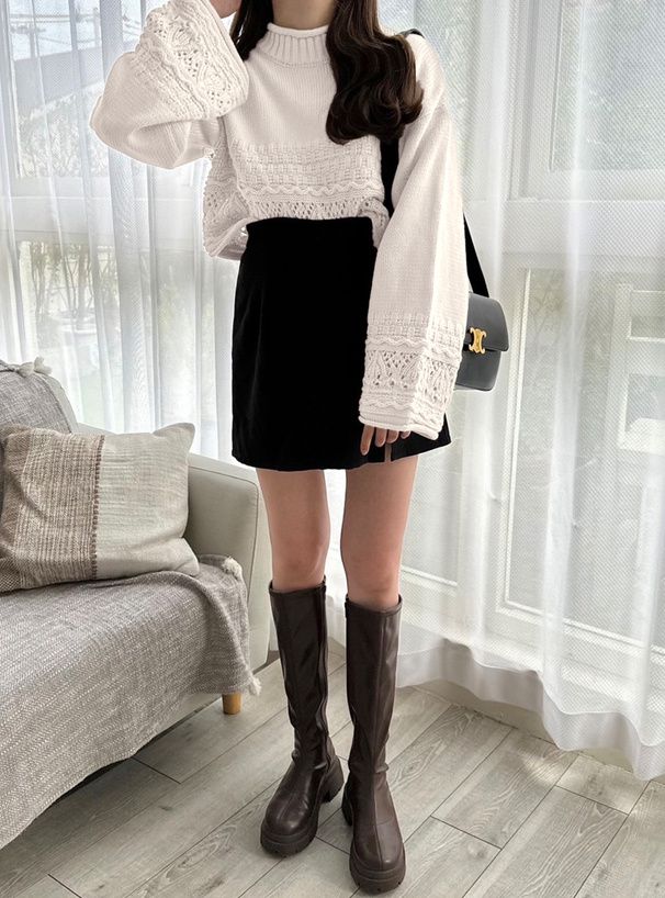 日本 GRL - 鉤針拼接落肩針織毛衣-黑 (F)