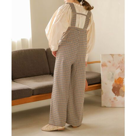 日本 Bab - 文藝少女歐風吊帶褲-格紋-卡其