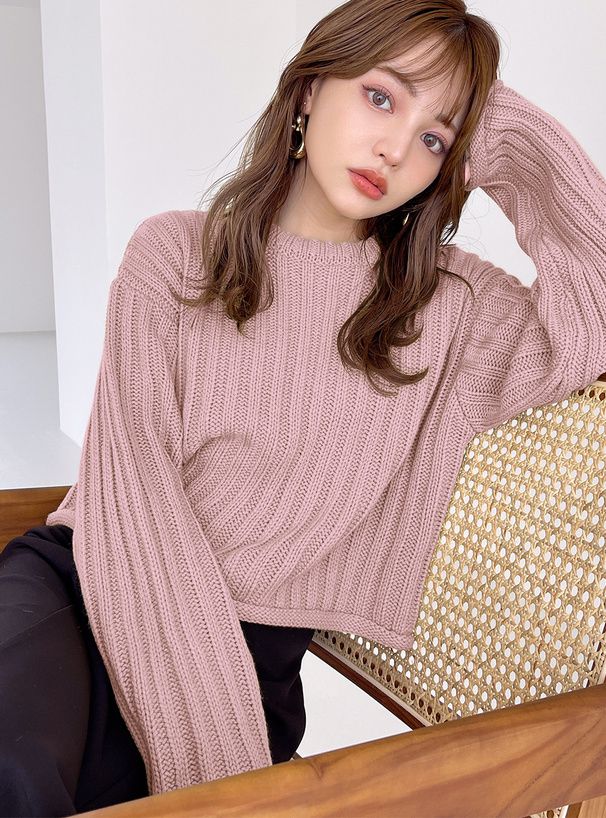 日本 GRL - 圓領坑條短版針織上衣-米杏 (F)