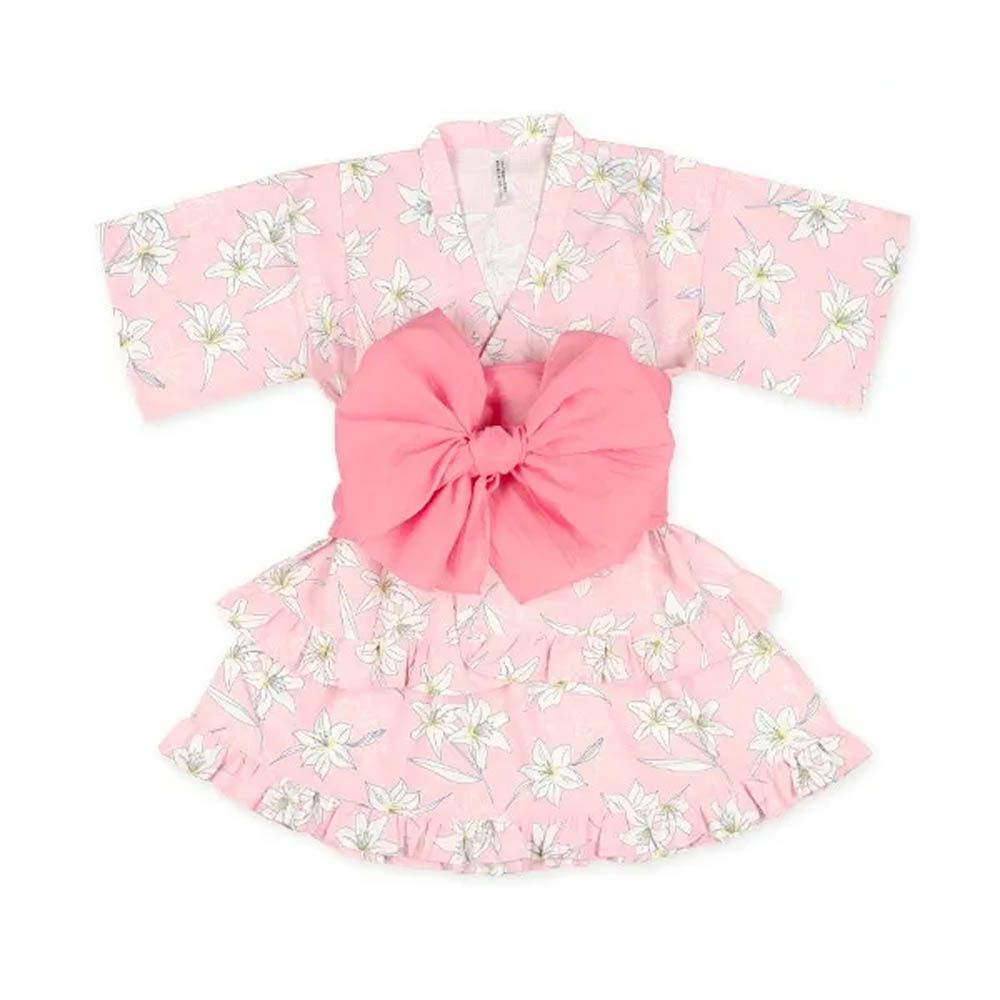 100%棉 夏季限定甚平短裙套裝（附腰帶）-百合花-粉紅