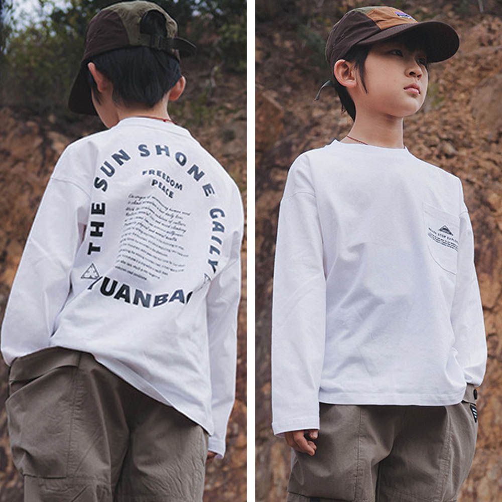 純棉圓領長袖上衣-前口袋後文字印花-白色