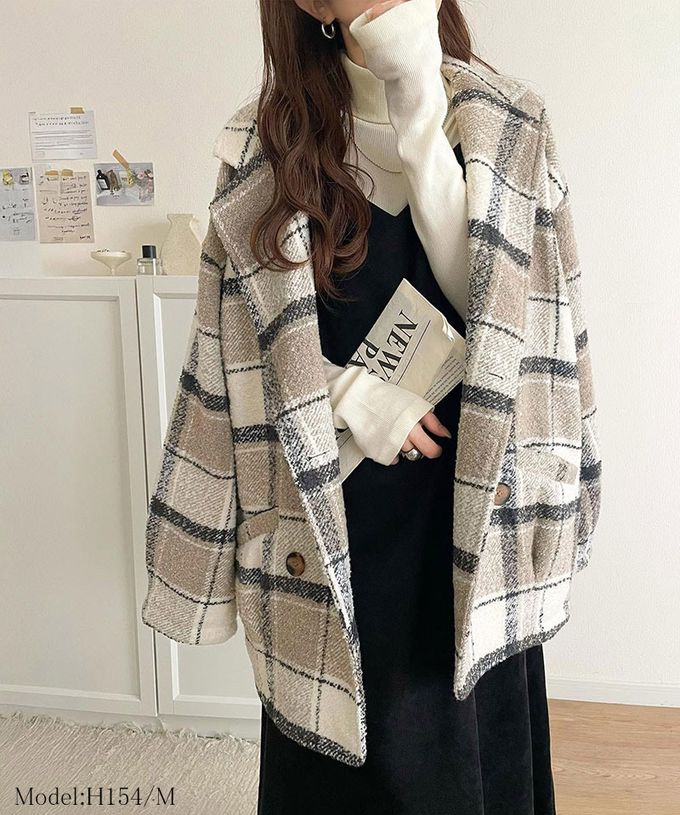 日本 Classical Elf - 亮麗格紋翻領廓形中長版大衣-焦糖棕