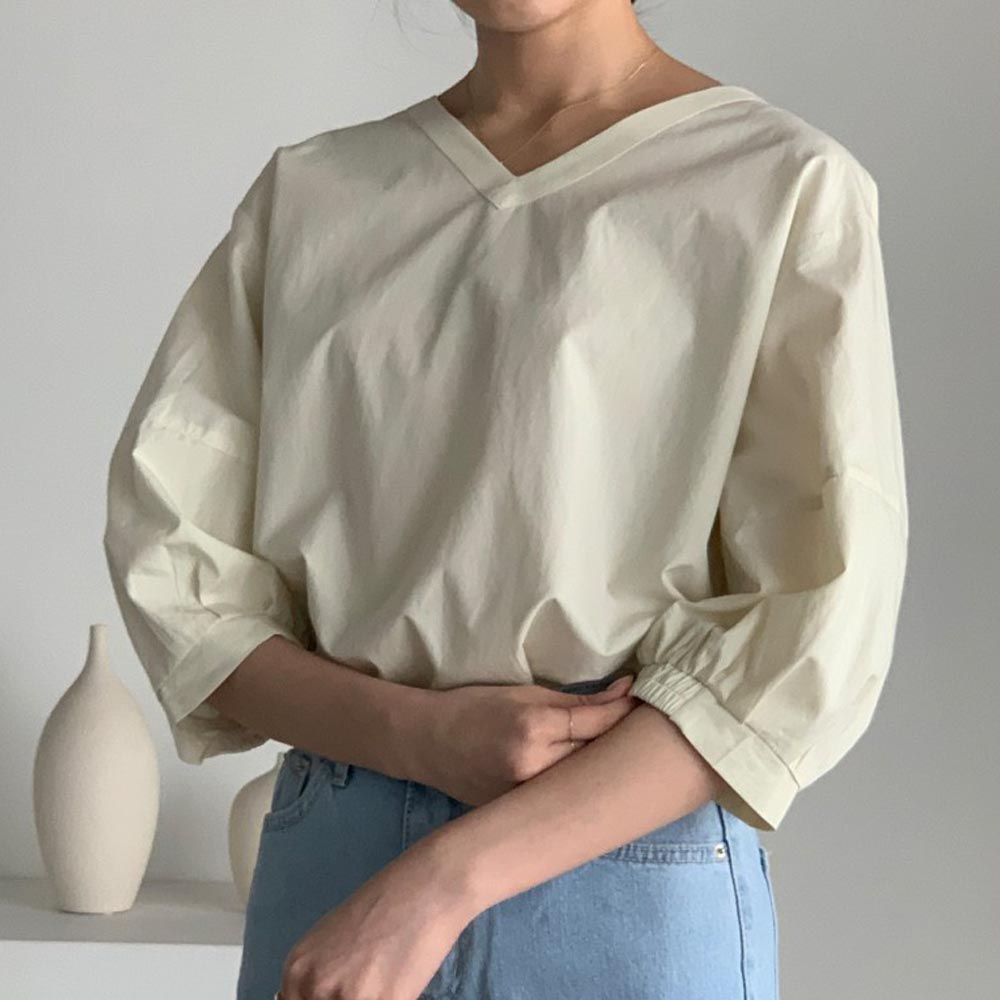 韓國女裝連線 - 美型V領拼接七分袖襯衫-淺米黃 (FREE)
