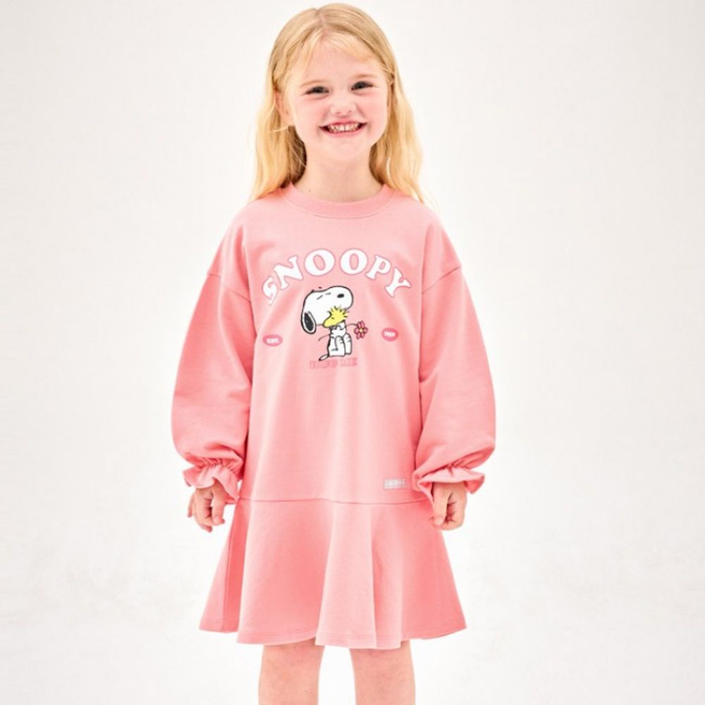 (聯名款)卡通人物史努比圖案長袖連身洋裝-粉