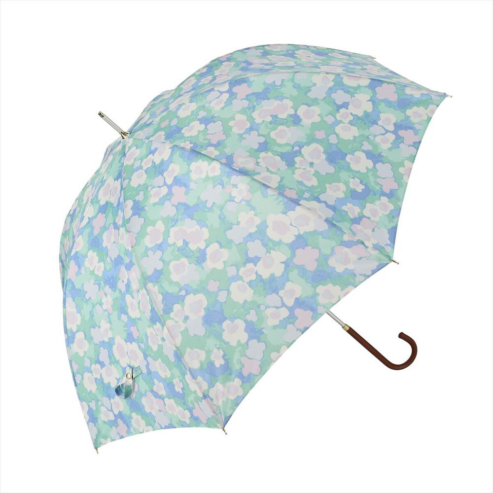 日本 nifty colors - 抗UV輕量 晴雨兩用J型手把直傘-春日綻放-藍綠 (直徑90cm/244g)