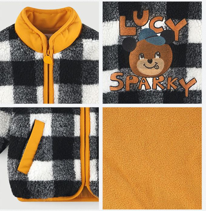 韓國 milk mile - 黑白格紋毛絨保暖外套-黑