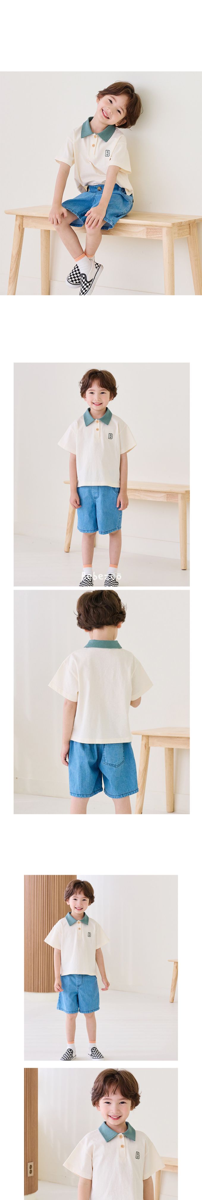 韓國 Bebezoo - 刺繡品牌標誌翻領短袖上衣-橫紋-海軍藍