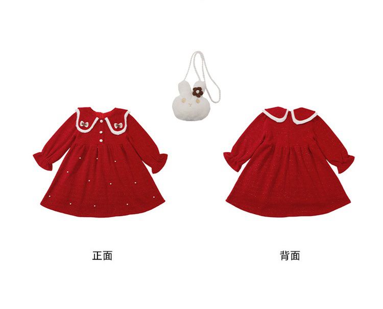 加絨不規則翻領氣質長袖連身洋裝-蝴蝶結-紅色