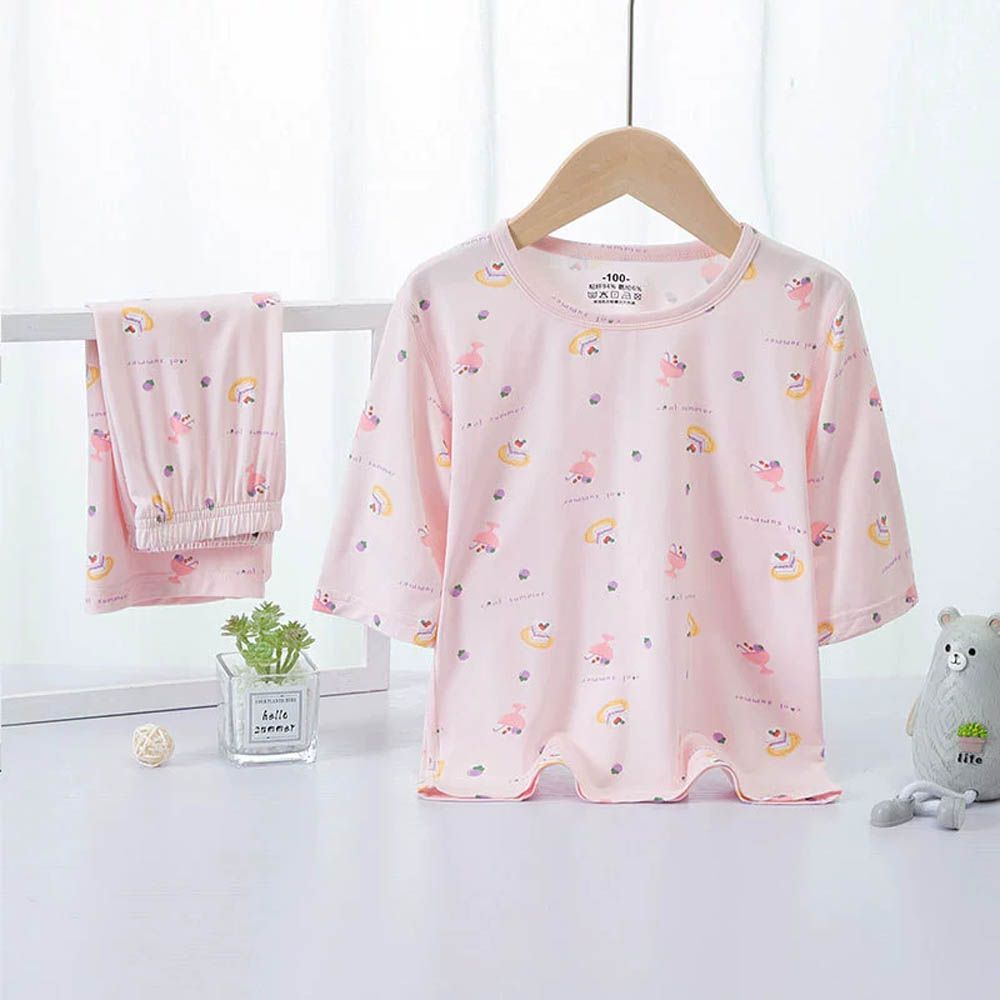 輕盈透氣七分袖家居服套裝/空調服-冰淇淋-粉色