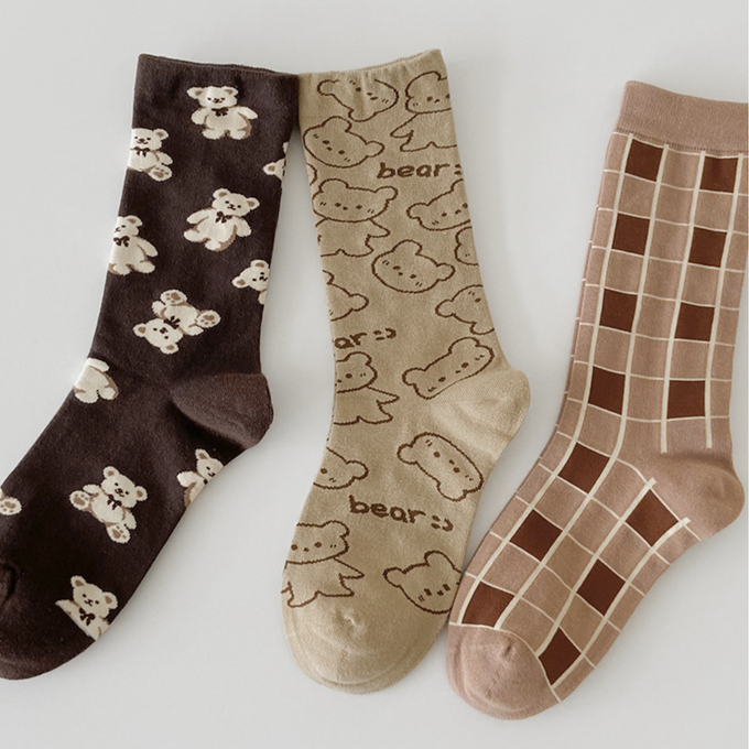 love, charlotte - 拿鐵小熊格子中筒棉襪 (XXL (22~24cm))-3 雙一組