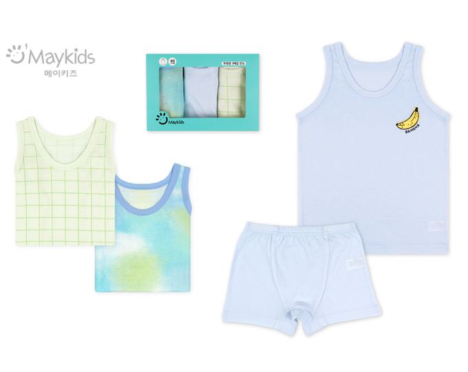 韓國 Maykids - (3入組)男寶無螢光棉親膚背心-暈染-藍X綠