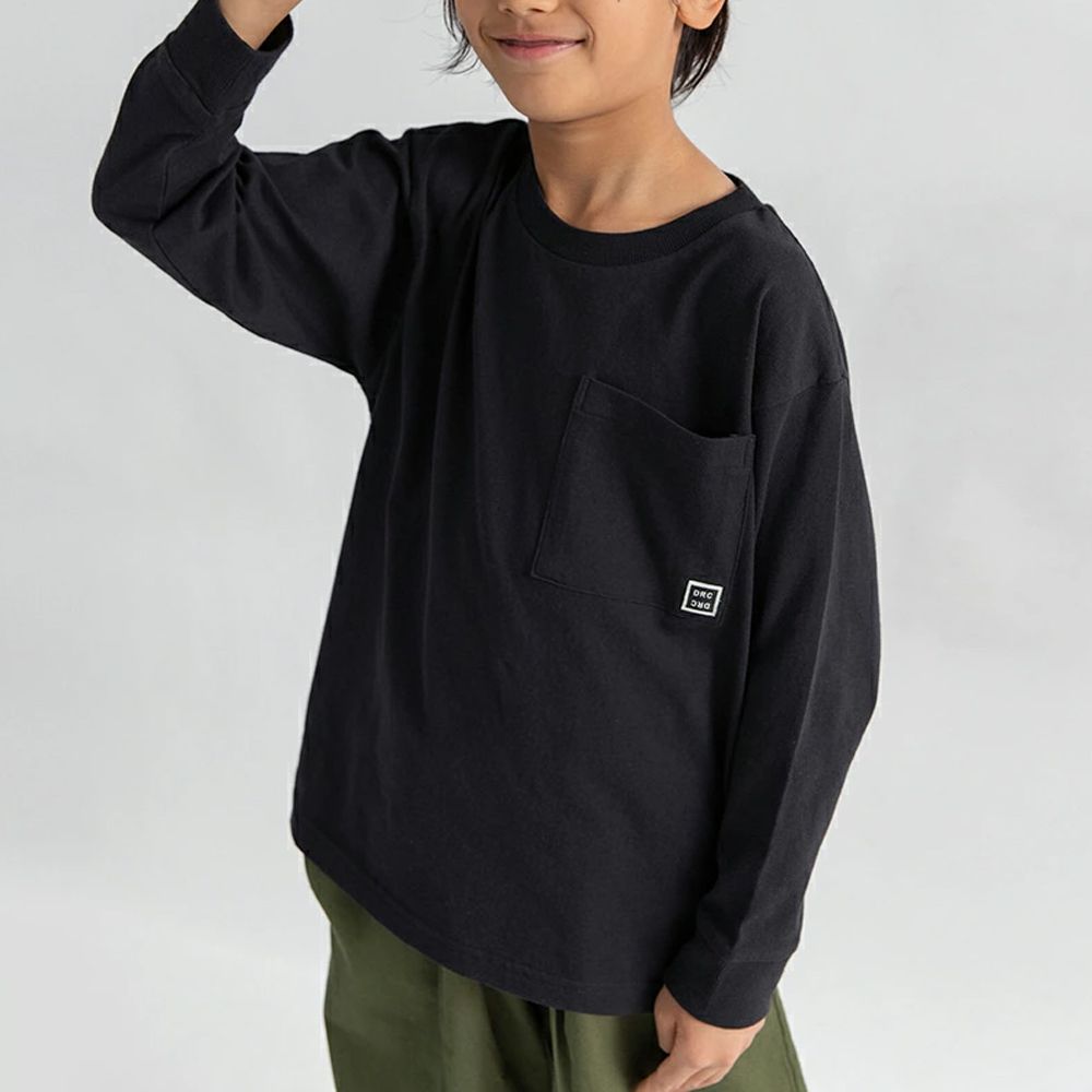 100%棉 簡約口袋長袖上衣-黑
