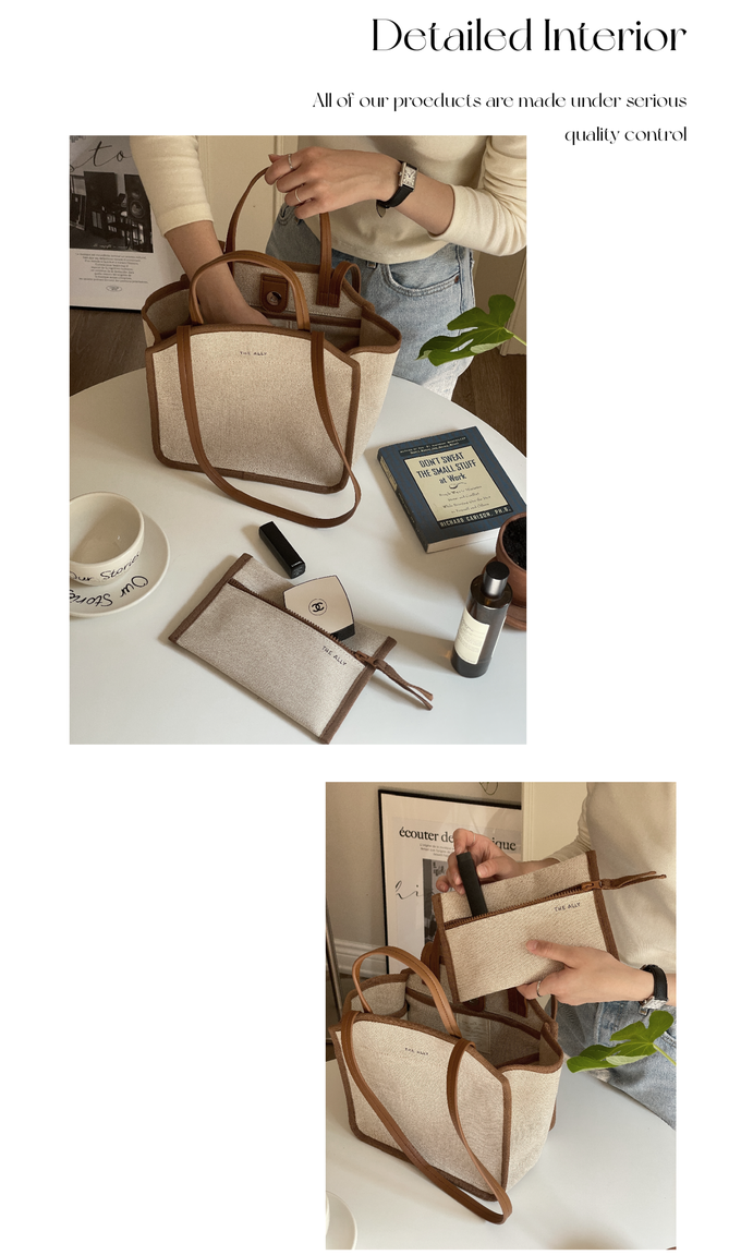 韓國 THEALLY - (附小袋)質挺帆布方包手提/肩背包-奶油黃 (中)