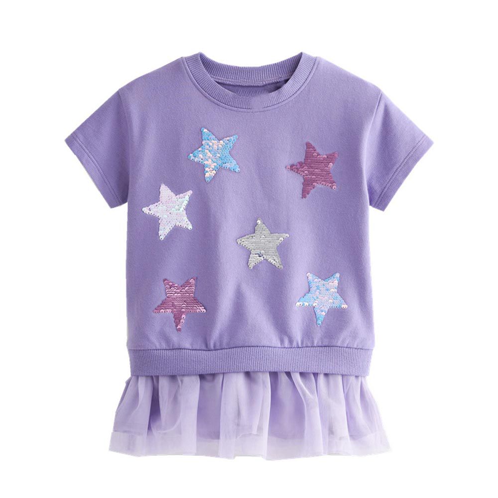 Jumping meters - 棉質圓領短袖網紗洋裝-閃亮星星-紫色