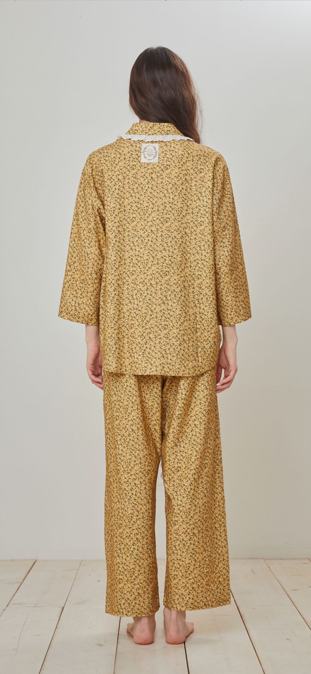 韓國 ULLALA - 活力暖黃碎花長袖睡衣-(兩件式)-黃 (FREE)