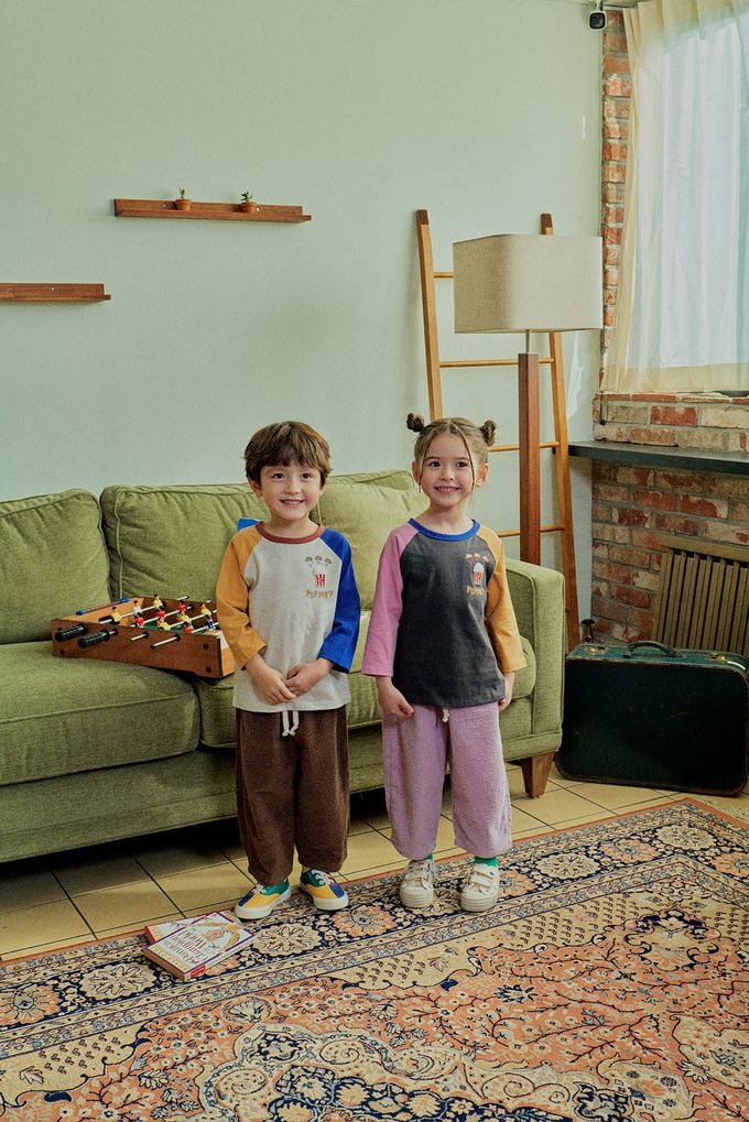 韓國 First Blue - 美味爆米花印長袖上衣-黃橘X燕麥X寶藍