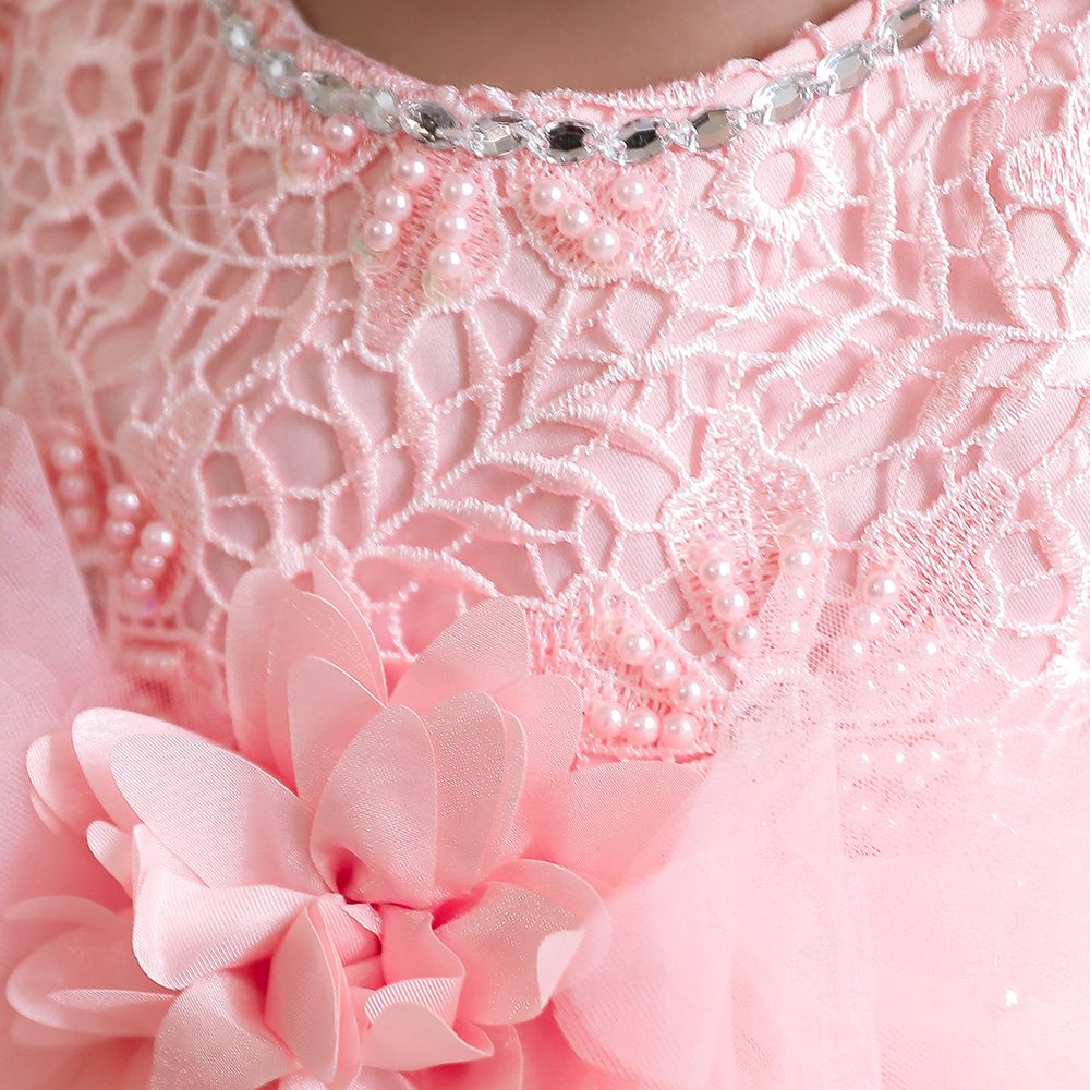 蕾絲網紗圓領無袖公主裙-立體花花-粉色