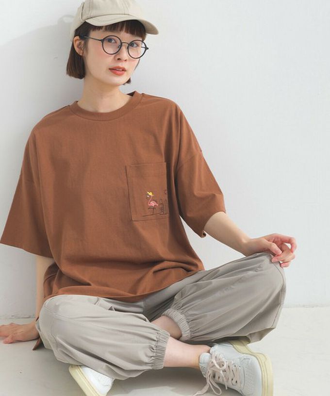 日本 Lupilien - 16支天竺棉俏皮動物刺繡寬大口袋T恤-海軍藍