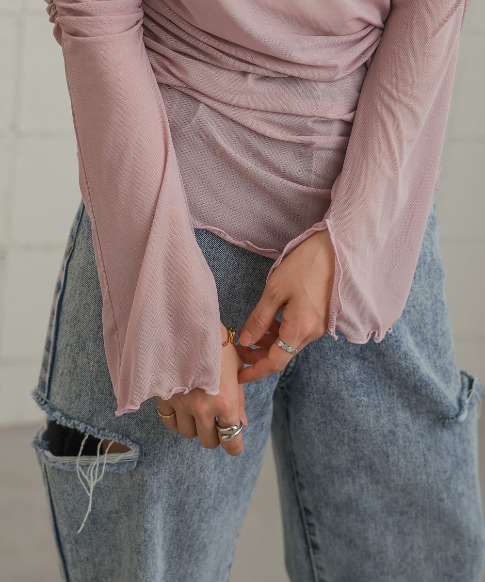 日本 Bab - 時尚透感抓皺長袖內搭/上衣-深可可