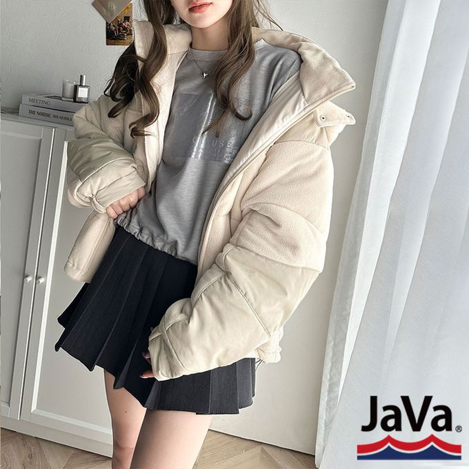 日本 Classical Elf - Java 時尚異素材鋪棉澎澎保暖外套-黑