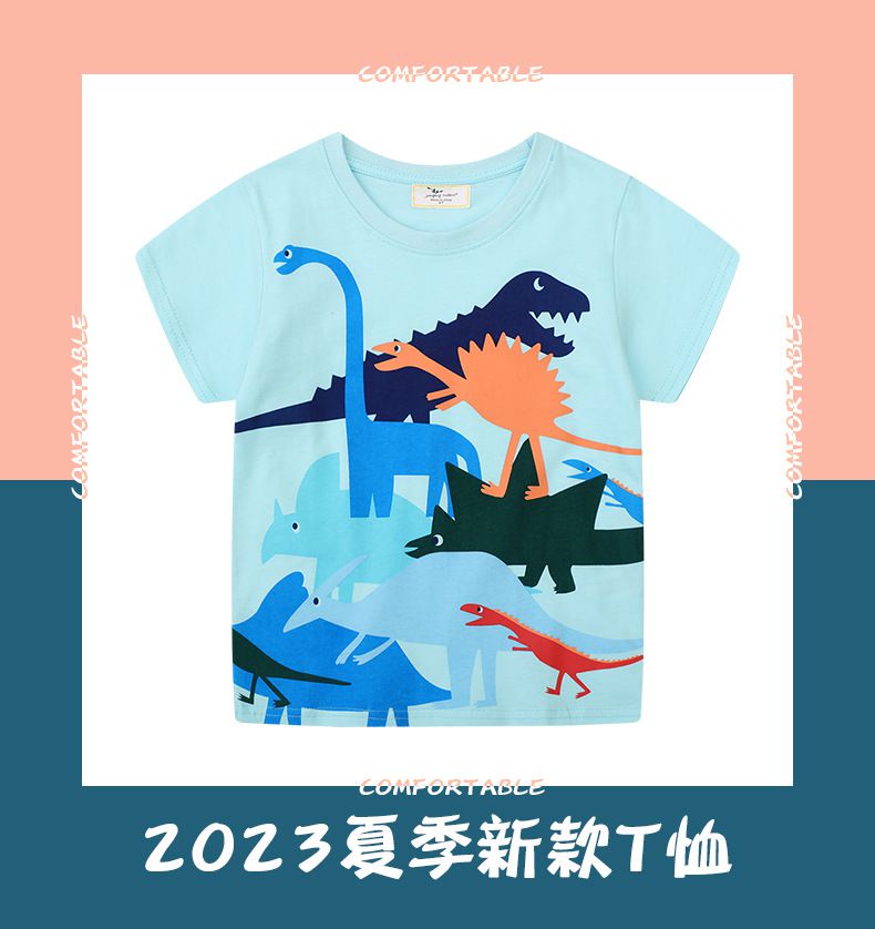 Jumping meters - 棉質圓領短袖上衣-恐龍朋友-淺藍色