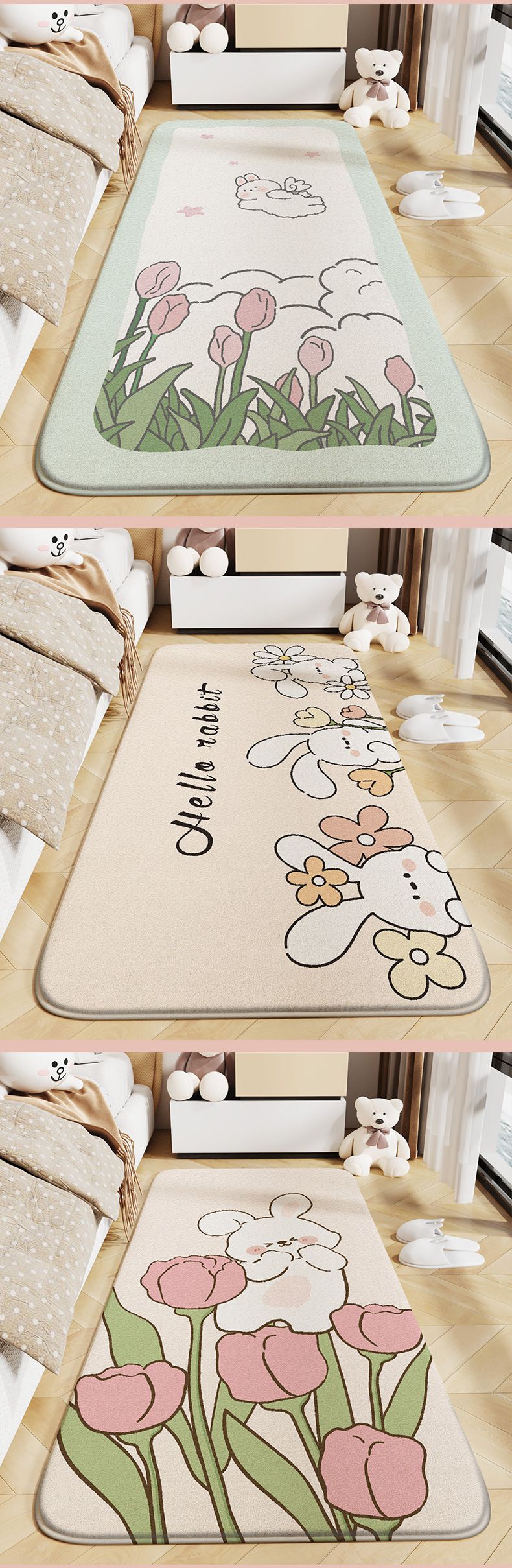 柔軟長條形床邊腳踏墊-月亮灰兔