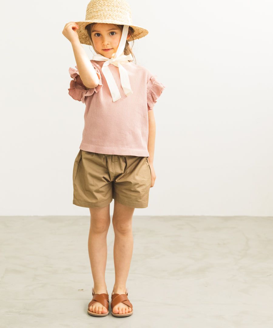 日本 PAIRMANON - 純棉荷葉衣袖拼接鬆餅紋短T-黑