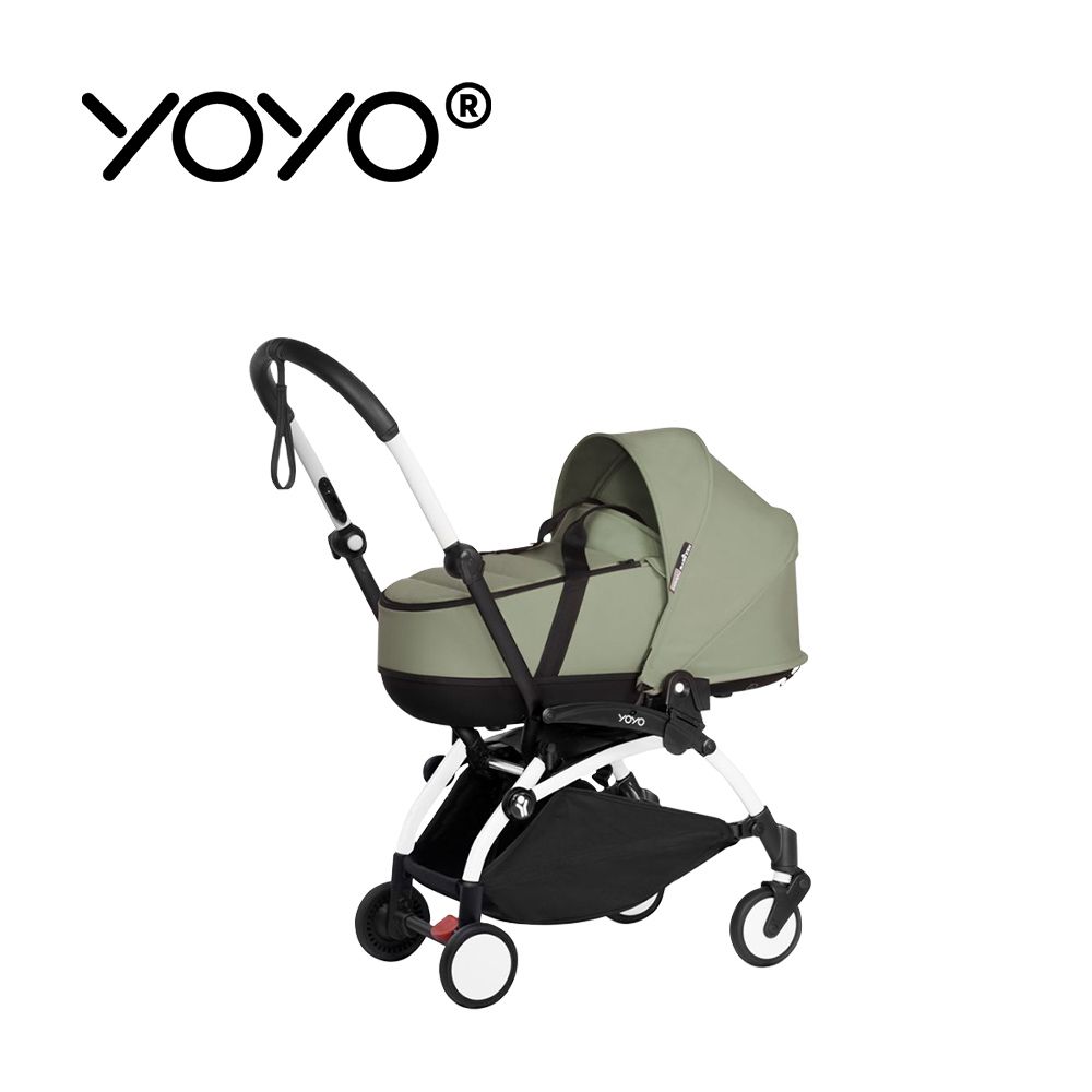 Stokke - YOYO² 法國 Bassinet 0+新生兒睡籃推車(含車架)-白色車架+橄欖綠睡籃