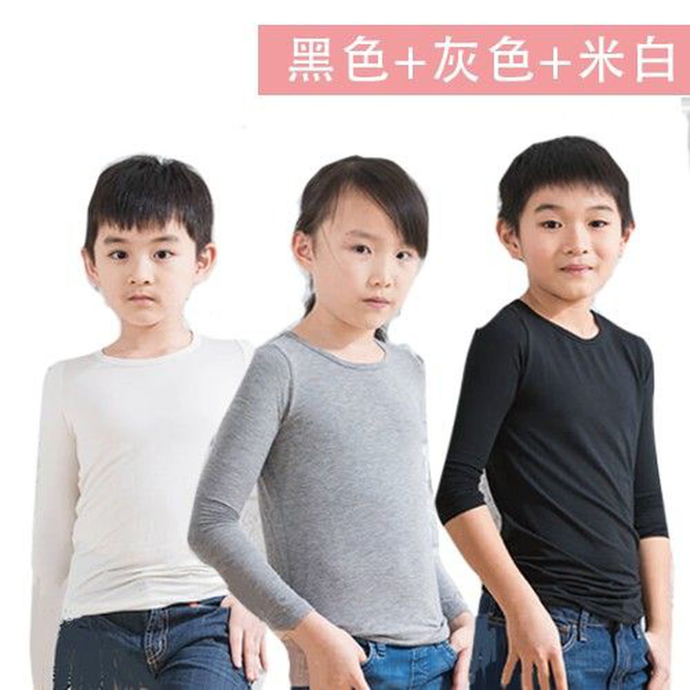 貝柔 Peilou - 日本吸濕發熱纖維保暖衣3件組-童圓領-黑色+灰色+米白