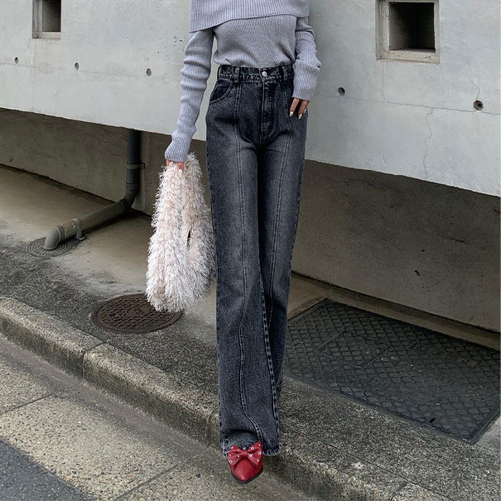 俐落中線復古刷色直筒丹寧褲-黑灰