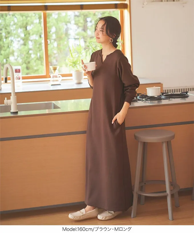 日本 Kobe Lettuce - 極上溫暖 裏起毛鑰匙領休閒長袖洋裝-靛藍