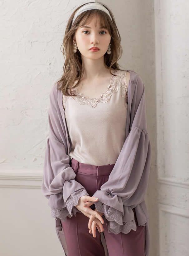 日本 GRL - 蕾絲滾邊圓領無袖上衣-米白